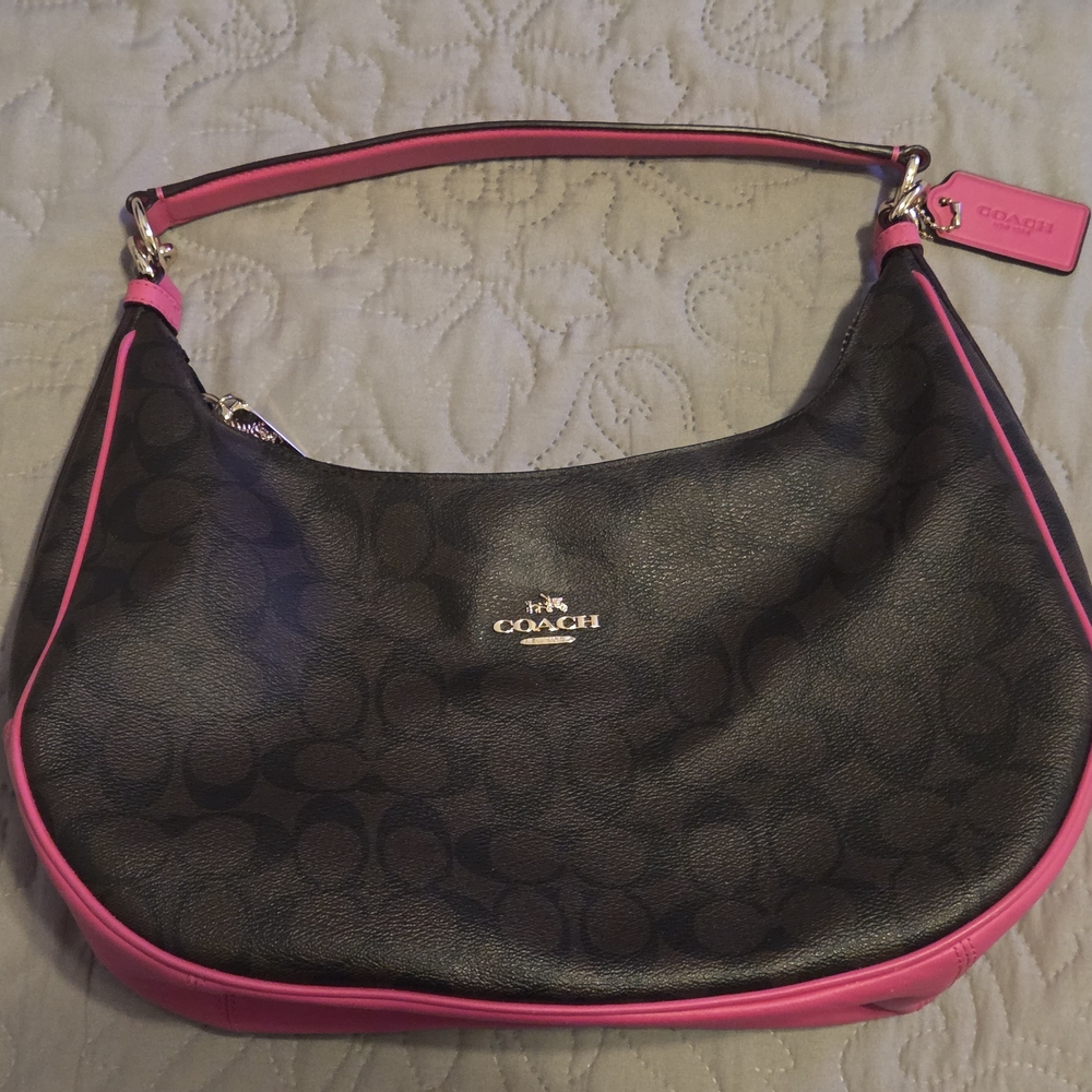 Like New - Coach Harley Hobo Bag, Signature Brown, Pink, Golden HWARE